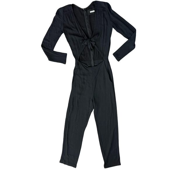 Reformation Black Ferris Textured Cut Out Tie Front Long Sleeve Jumpsuit size 0 - Picture 14 of 15